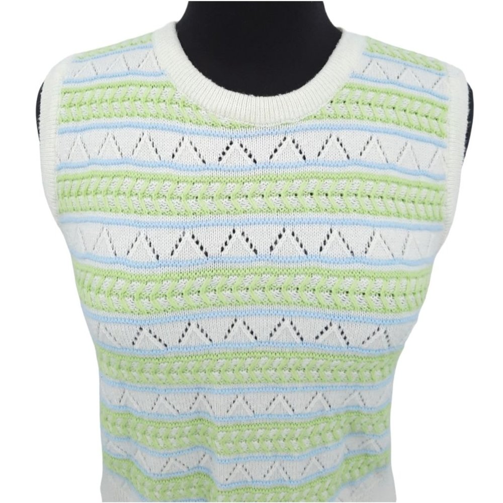 VTG 60s Wintuk Green Blue Stripe Sleeveless Knit Top Cardigan Twin Set Size S - Picture 6 of 9